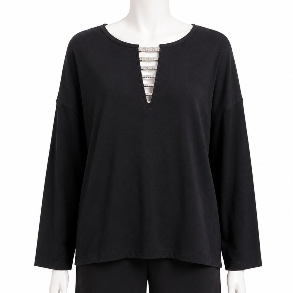 Cinq Top Large Black Cotton Long Sleeve Rhinestone Keyhole Neckline Embellished